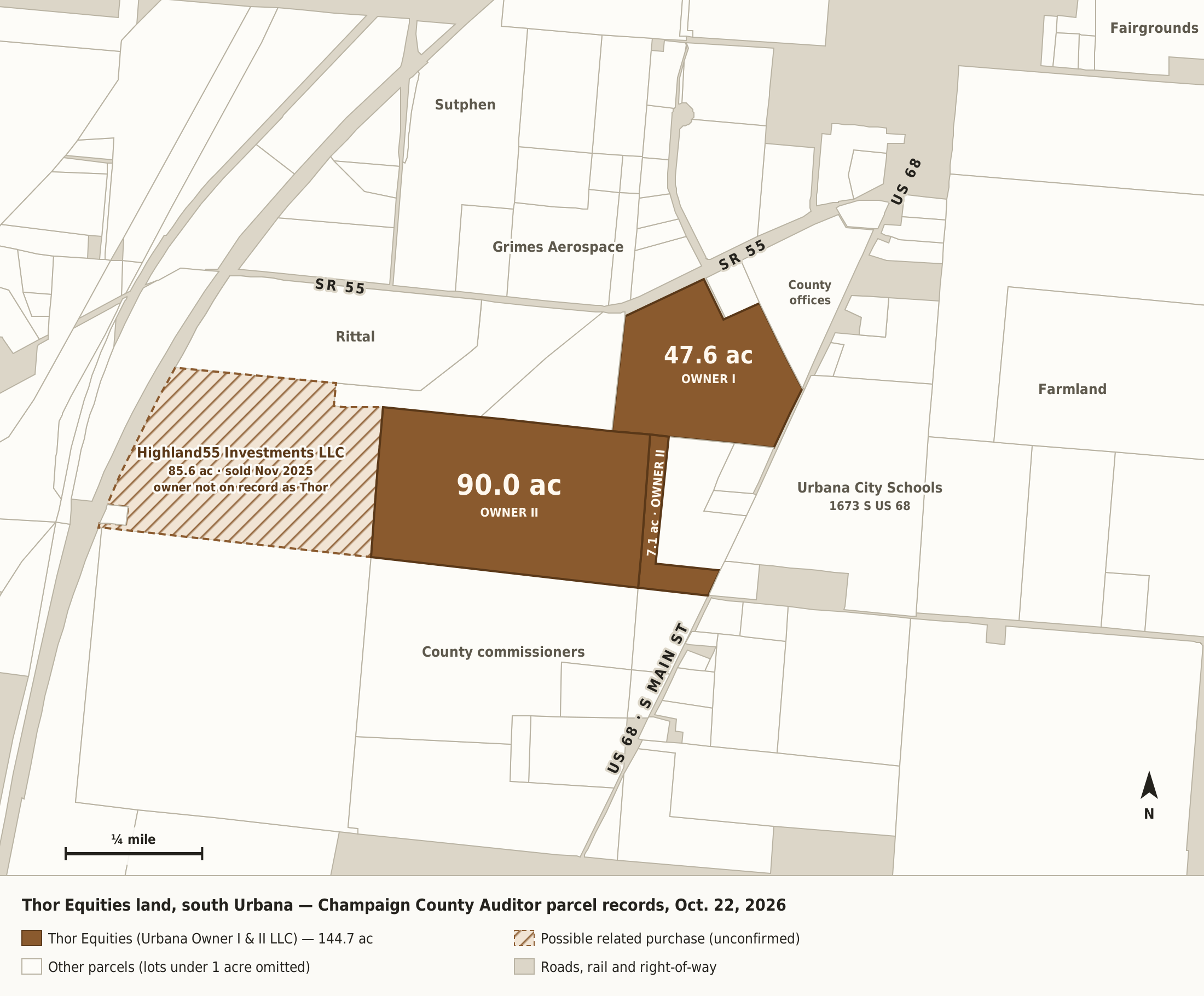Parcel map of Thor Equities land in south Urbana, south of SR 55 and west of US 68